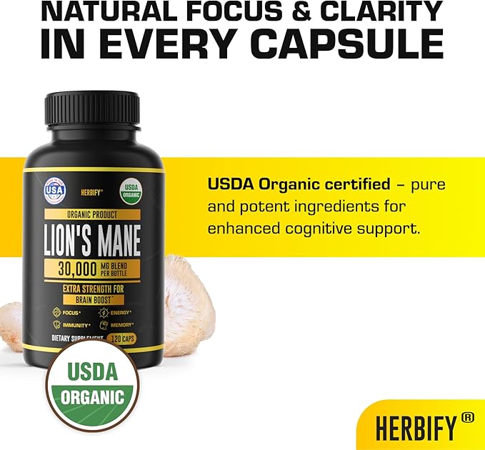 HERBIFY Lions Mane Supplement - Daily Mushroom Supplement for Memory, Focus & Clarity - Brain