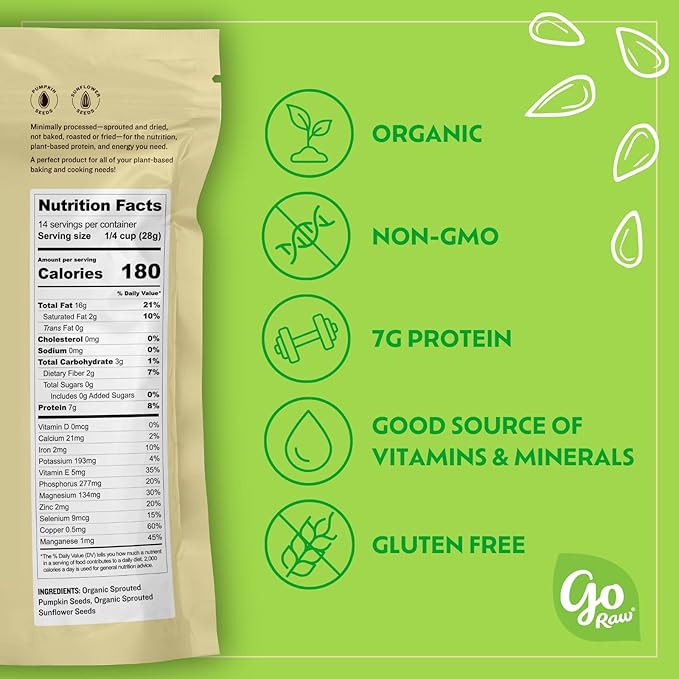 Go Raw , Sprouted Pumpkin and Sunflower Seed Mix| Keto | Vegan | Gluten Free Snacks | Organic |