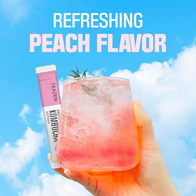 TEAZEN Peach Kombucha Tea, Hydration Drink Mix, Sugar Free, Live Probiotics & Prebiotics, 10