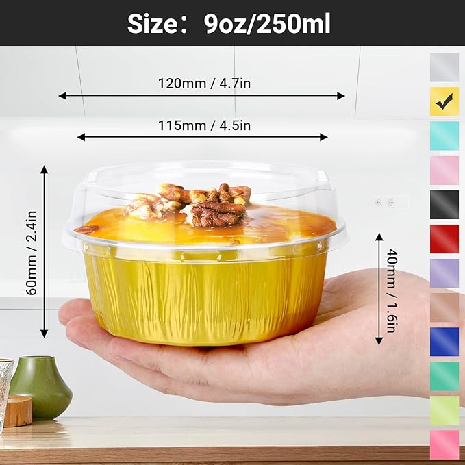 EUSOAR Disposable Muffin Tins, 100pcs 9oz Gold Aluminum Ramekins with Lids, Baking Cups with Lids