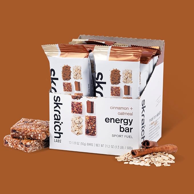 Skratch Labs Energy Bar | Cinnamon + Oatmeal (12 Pack) | Plant Based Healthy Snack | Low Sugar - 5g