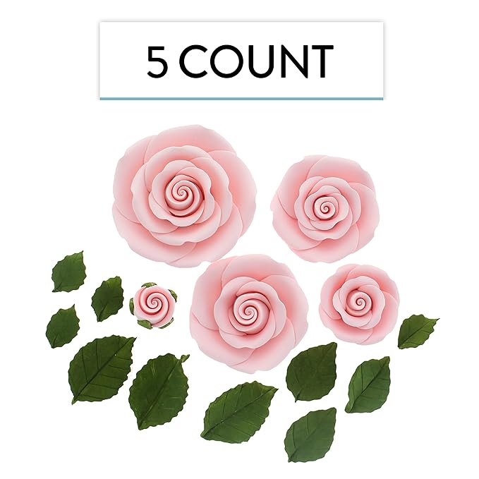 Global Sugar Art Edible Exquisite Rose & Leaf Tray Sugar Cake Flowers, Pink Unwired, 5 Count by