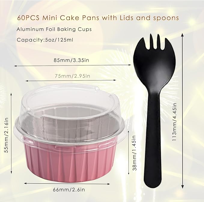 60 Pcs Mini Cake Pans with Lids,5oz Aluminum Foil Baking Cups Round Mini Disposable Ramekins 125ml