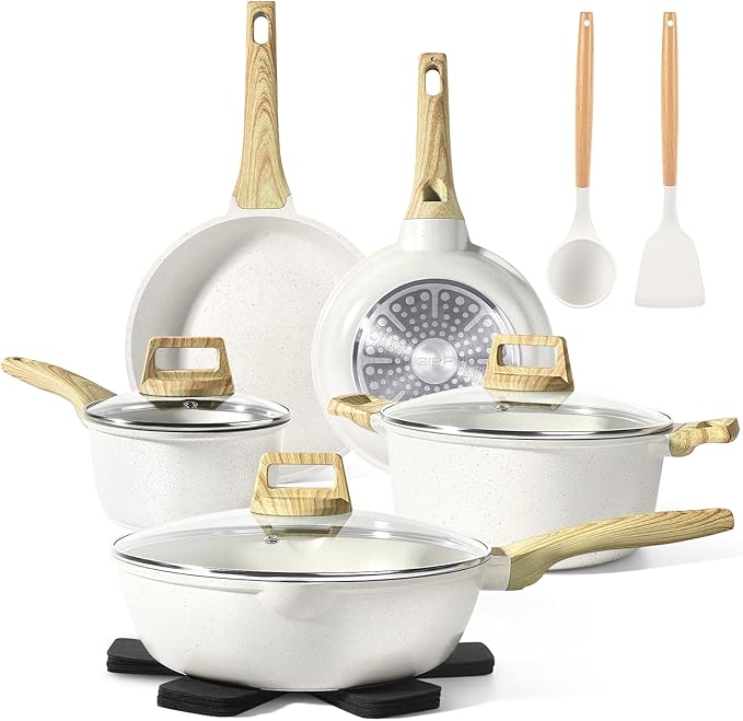 GiPP Pots and Pans Set Non Stick - 14 Pcs White Granite Kitchen Cookware Sets Nonstick Induction