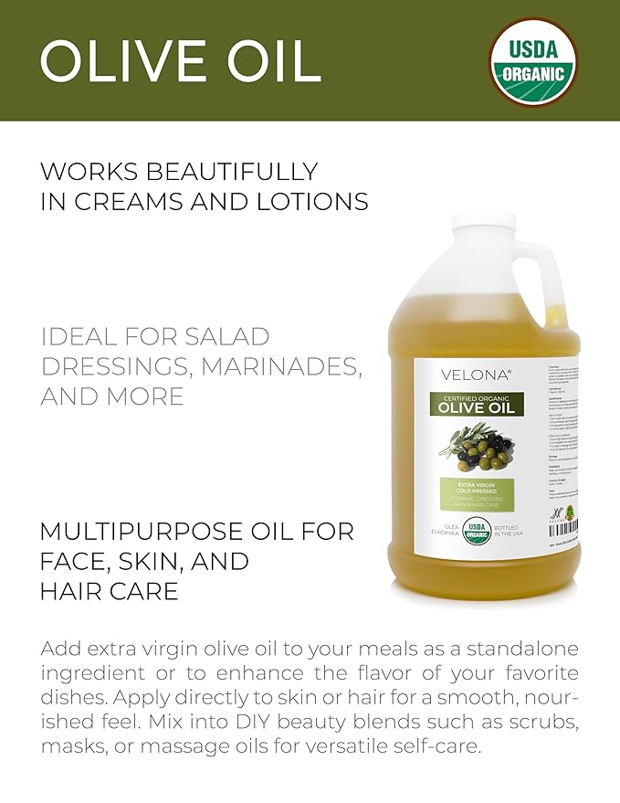 velona USDA Certified Organic Olive Oil -1 Gallon / 128 Fl Oz | 100% Pure and Natural Carrier Oil |