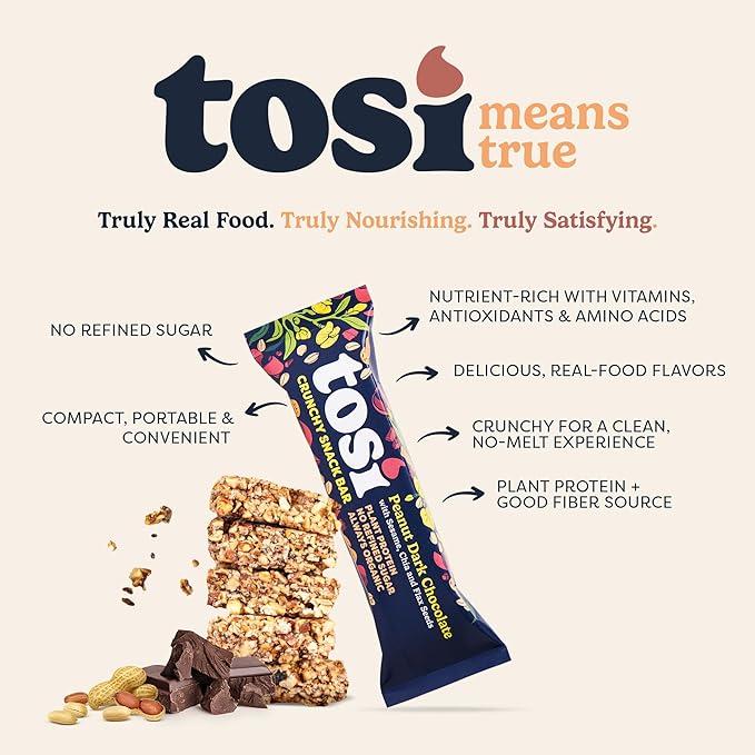 Tosi Peanut Dark Chocolate Protein Bars (8G) - Plant Based Healthy Snacks, Gluten-Free Crunchy