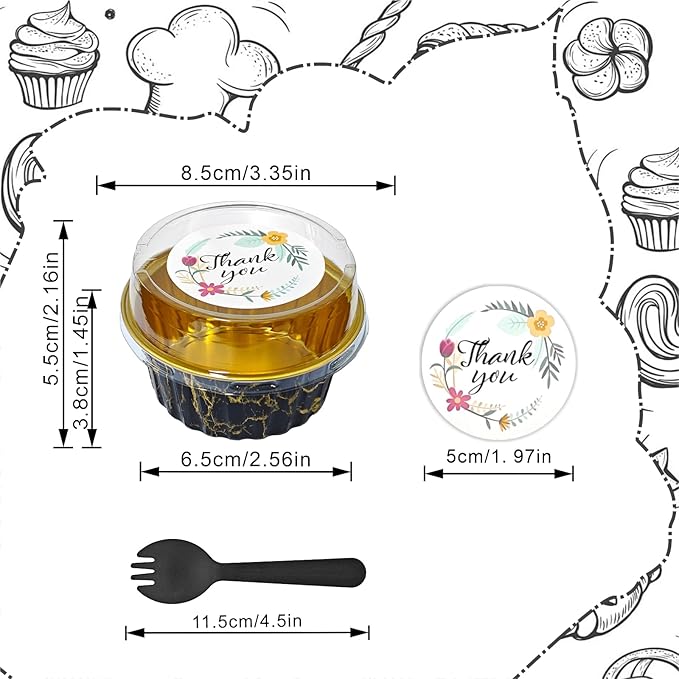 100 PCS Mini Cake Pans with Lids and 100 PCS Spoons,Aluminium Foil Baking Cups, 5 oz Disposable