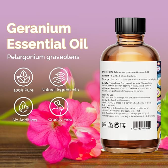 Geranium Essential Oil 4 Oz, 100% Pure Geranium Oil for Diffuser, Skin, Hair, Face, Soap & Candle