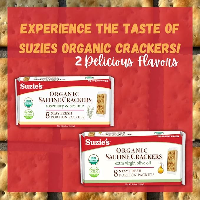 Suzie's Organic Rosemary Sesame Saltines Crackers|Healthy Gourmet Baked Vegan Snack for Adults &