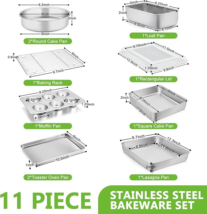 Bakeware Sets of 11, P&P CHEF Stainless Steel Baking Pans Set, Includes Baking Sheets and Rack