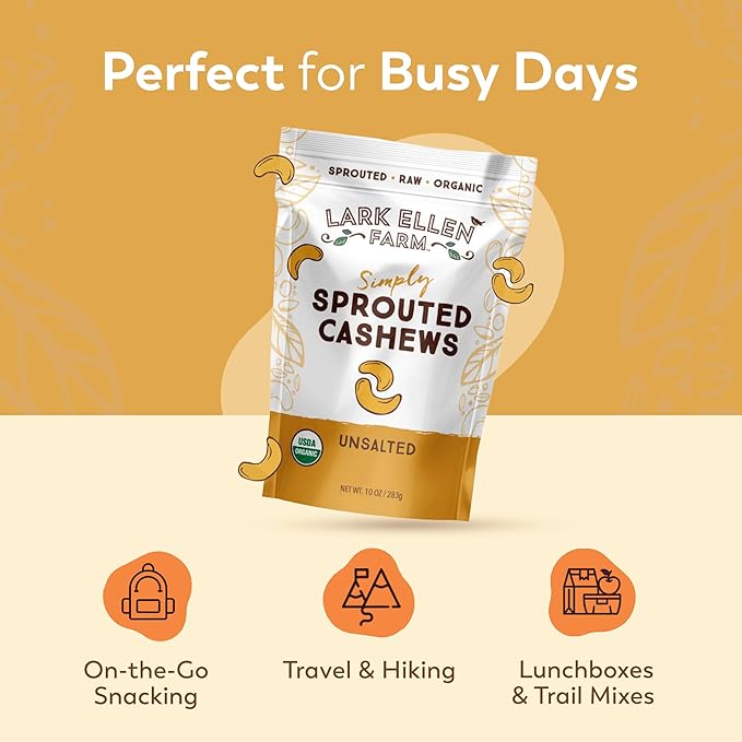 Lark Ellen Farm Unsalted Organic Raw Cashews, Sprouted, Air-Dried, Gluten-Free, Non-GMO, Vegan
