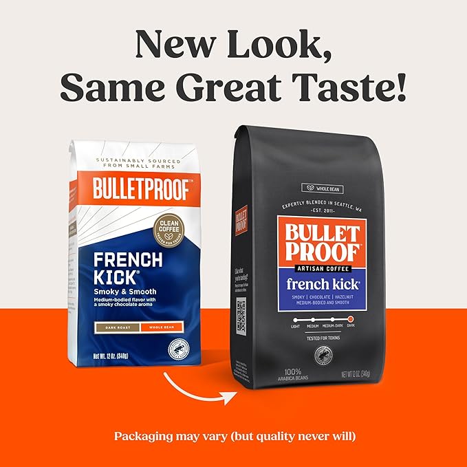 Bulletproof French Kick Dark Roast Whole Bean Coffee, 12 Ounces, Clean Coffee Tested for Toxins