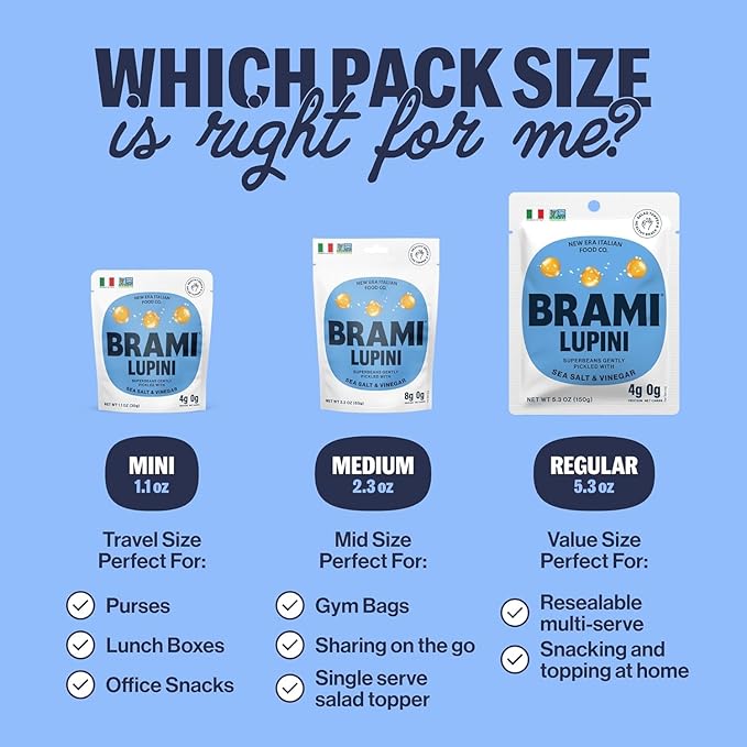 BRAMI Lupini Beans Snack, Sea Salt & Vinegar | 7g Plant Protein, 0g Net Carbs | Vegan, Vegetarian