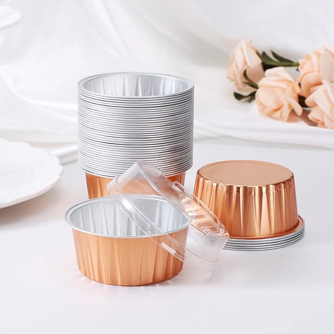 EUSOAR Disposable Foil Ramekins with Lids, 60pcs 5oz Cupcake Liners Aluminum Foil Baking Dessert