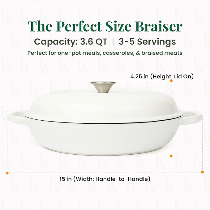 Larder & Vine Enameled Cast Iron Braiser | 3.6 qt Braiser Pan with Lid | Shallow Dutch Oven