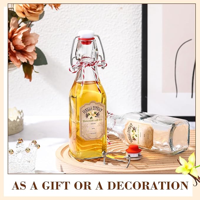Uiifan 12 Pcs 8 oz Swing Top Clear Square Glass Bottles for Vanilla Extract with Caps and Cotton