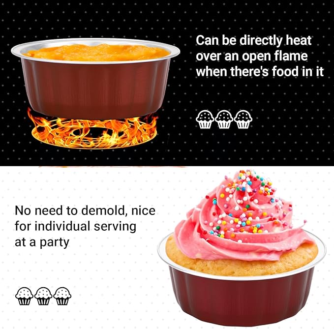 Beasea Aluminum Baking Cups, 100 Pack 8oz 235ml 3.9 Inch Wine Red Round Disposable Ramekins No Lids