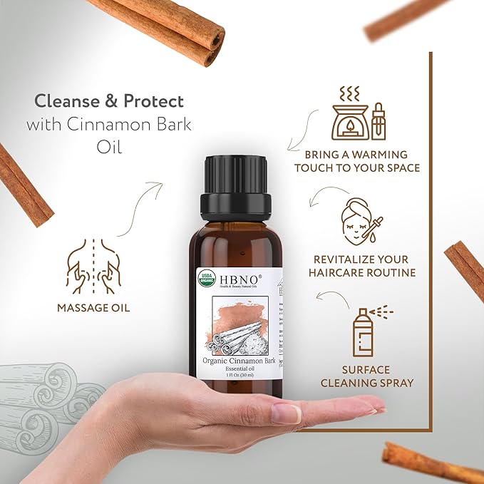 HBNO Organic Cinnamon Bark Essential Oil - 1 oz (30ml) Size - Ideal for Diffusers, Cleaning Agents