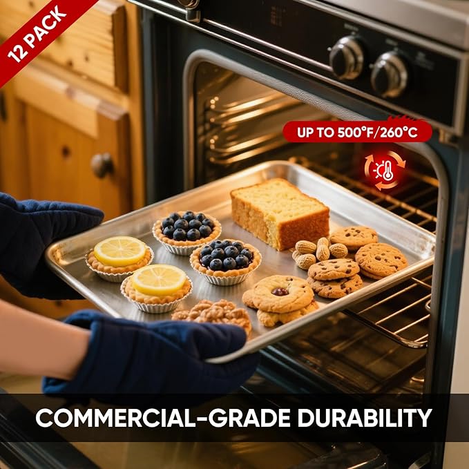 TENUP 12 Pack Aluminum Half Sheet Pan, 18" x 13" Heavy Duty Commercial Baking Tray Reinforced Rim