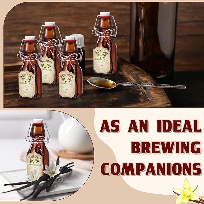 Uiifan 12 Pcs 4 oz Amber Swing Top brown Square Glass Bottles for Vanilla Extract with Caps and