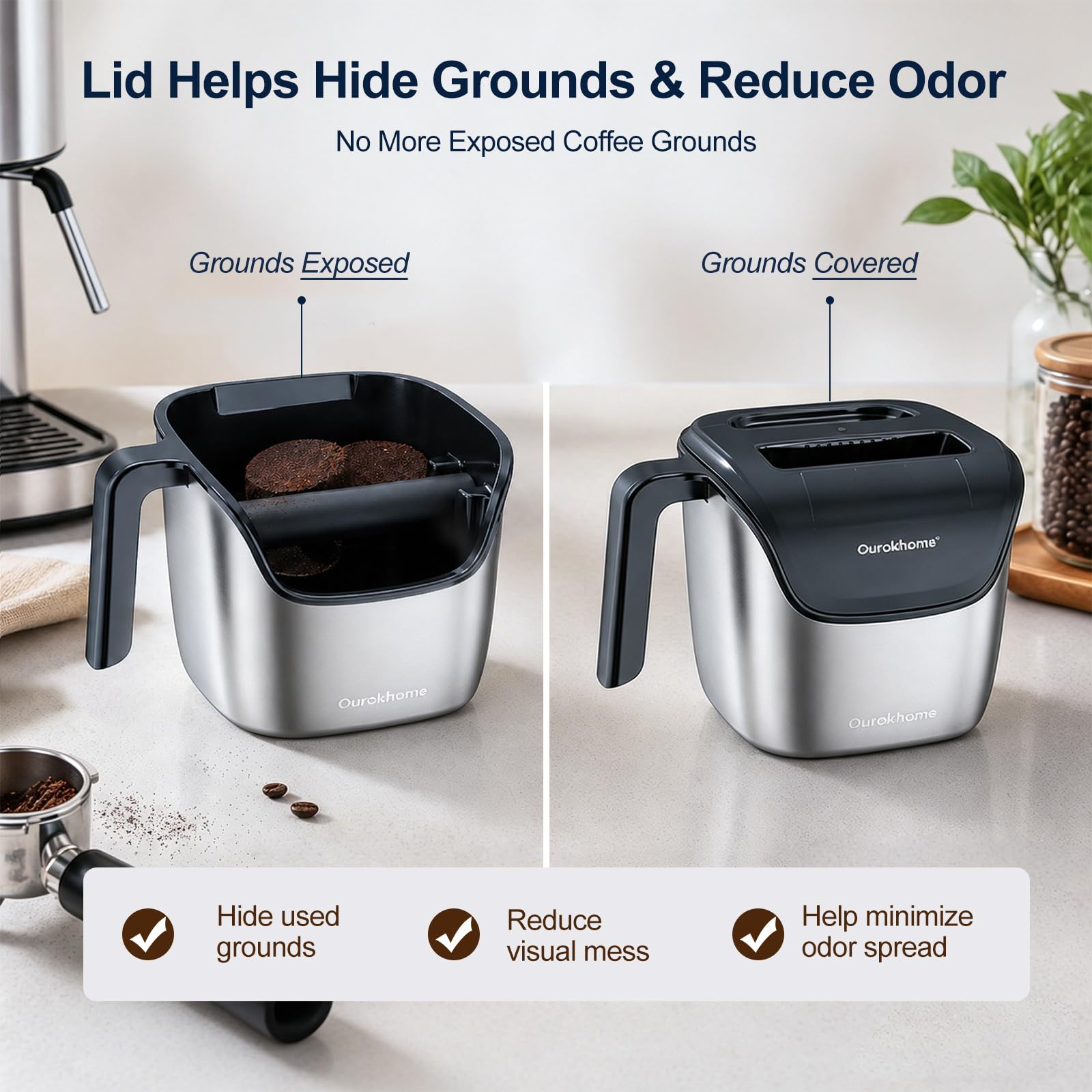 Ourokhome Espresso Knock Box with Lid, Compact Coffee Grounds Container for Home Coffee Bar