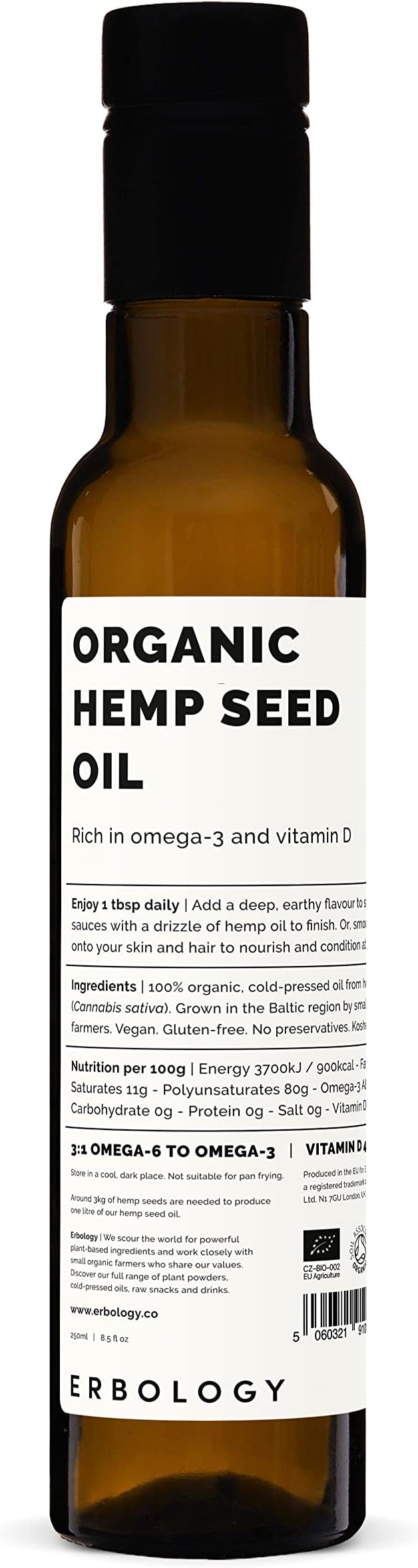 Erbology Organic Hemp Seed Oil 8.5 fl oz - Cold-Pressed - Rich in Omega-3 - Source of Vitamin D