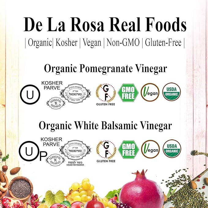 De La Rosa Organic Pomegranate and White Balsamic Vinegar, Vegan, Kosher, Non-GMO & Gluten Free