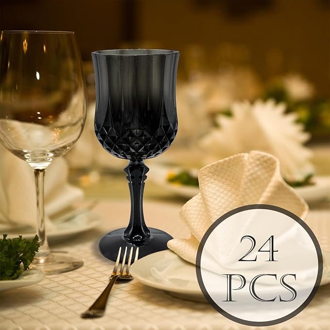 24 PCS Black Plastic Wine Glasses,Reusable Plastic Wine Glasses,Black Goblet Glass,Durable and