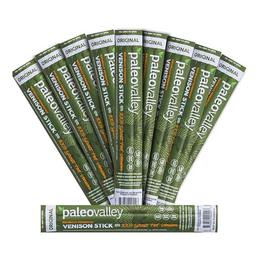 Paleovalley 100% Grass Fed Venison Sticks - 10 Pack -Keto-Friendly, High Protein, Low-Calorie Snack