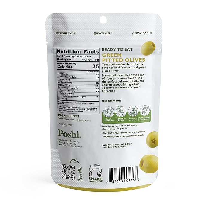 Poshi Green Olives On-The-Go - Original Flavor - Single Serve Pitted Olives - Convenient and