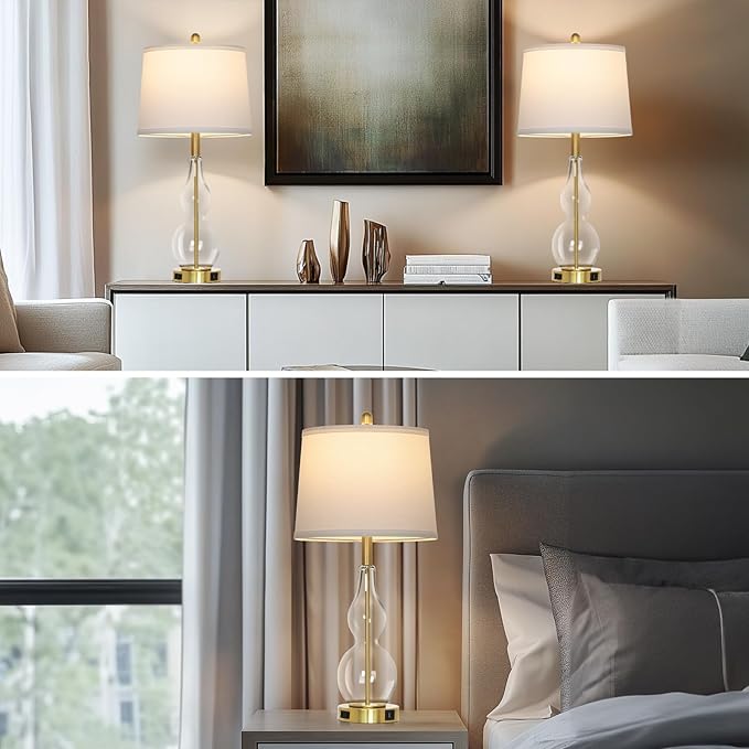 27.5" Clear Glass Table Lamp Set of 2,3-Way Dimmable Touch Control Bedside Lamps with USB Ports and