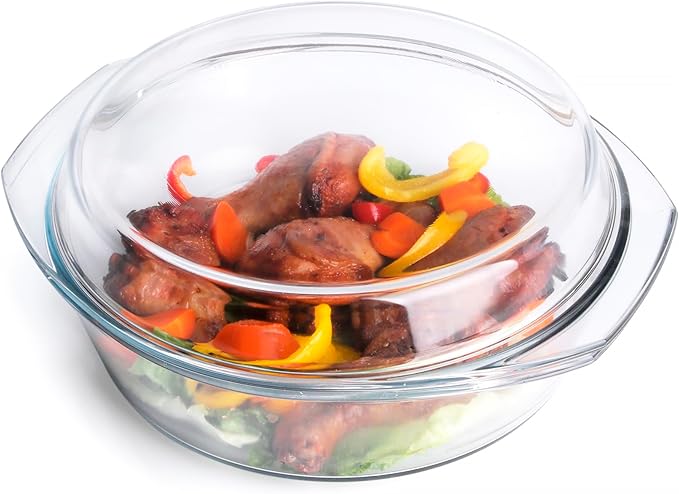 Round Tempered Glass Casserole Dish with Lid, Glass Casserole Baking Dish for Oven, Freezer and