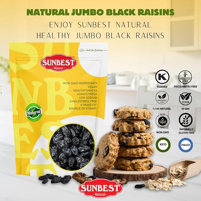 Sunbest Natural Jumbo Black Raisins ??5 lb Bulk Bag (80 oz) ??Plump, Juicy & Nutrient-Rich ??High