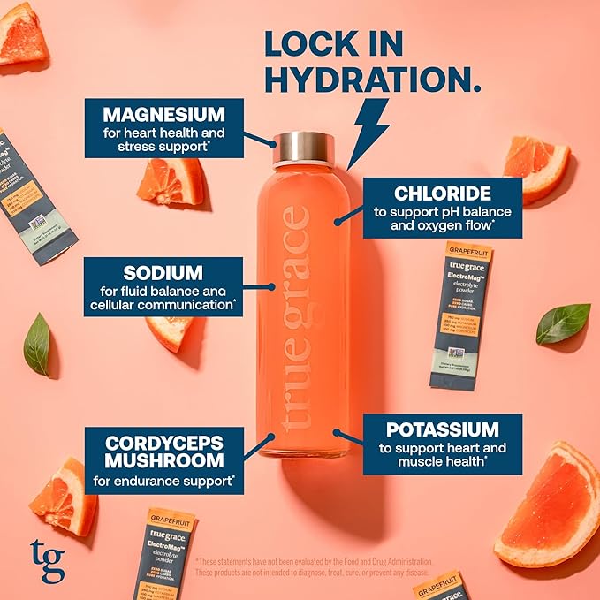 True Grace ElectroMag - 16 Stick Packs - Grapefruit - Electrolyte Powder for Rapid Hydration