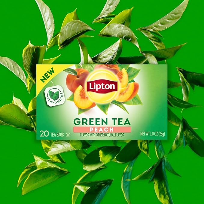 Lipton Peach Green Tea Bags, Flavored, Unsweetened Teabags for Hot Tea or Peach Iced Tea with