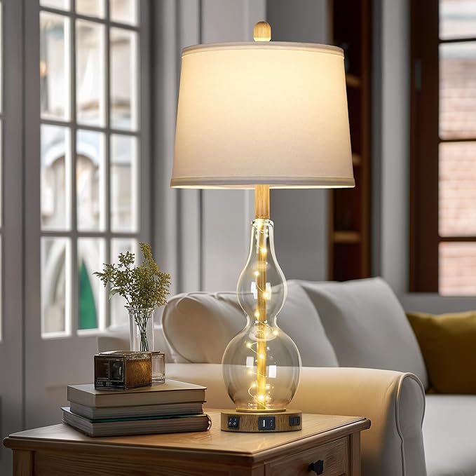 27.5" Clear Glass Table Lamp Set of 2 with Night Light,Bedside Lamps with USB Ports and AC Outlet