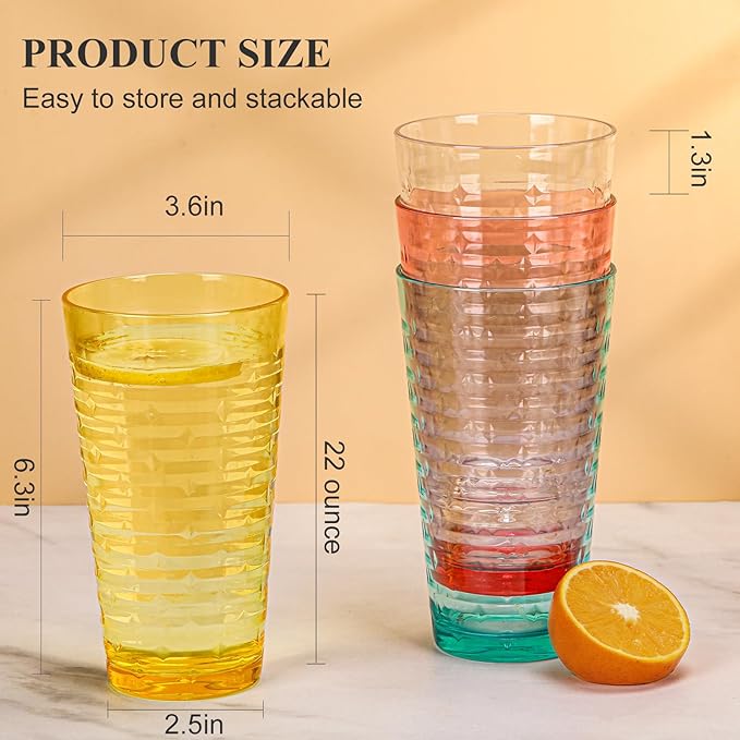 BPA-Free Plastic Tumblers 8 Pack (8x22oz) | Reusable Dishwasher Safe | Stackable Shatterproof Cups
