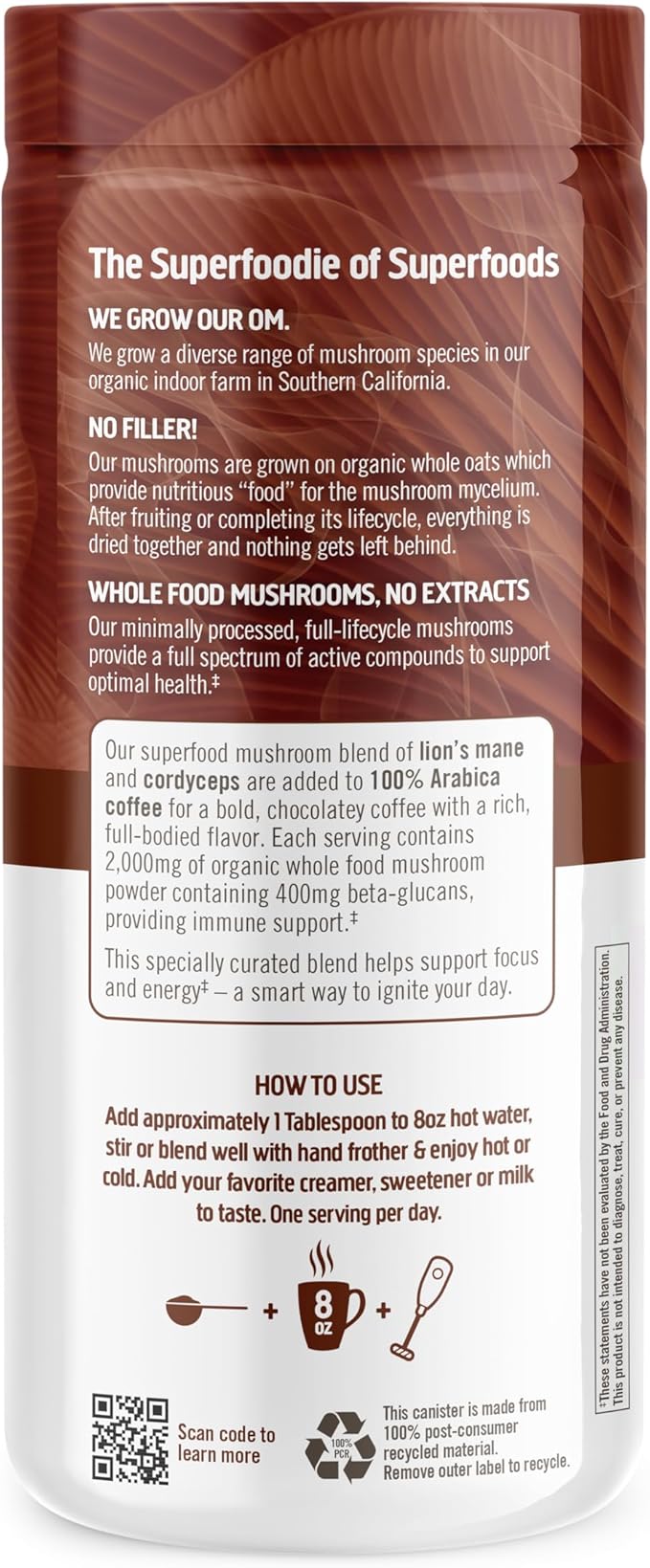 OM MUSHROOM SUPERFOOD Coffee Blend Mushroom Powder, 6.24 Ounce Canister, 30 Servings, Organic