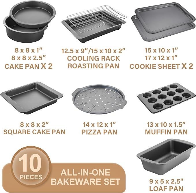 HONGBAKE Bakeware Sets, Baking Pans Set, Nonstick Oven Pan for Kitchen with Wider Grips, 10 Pieces