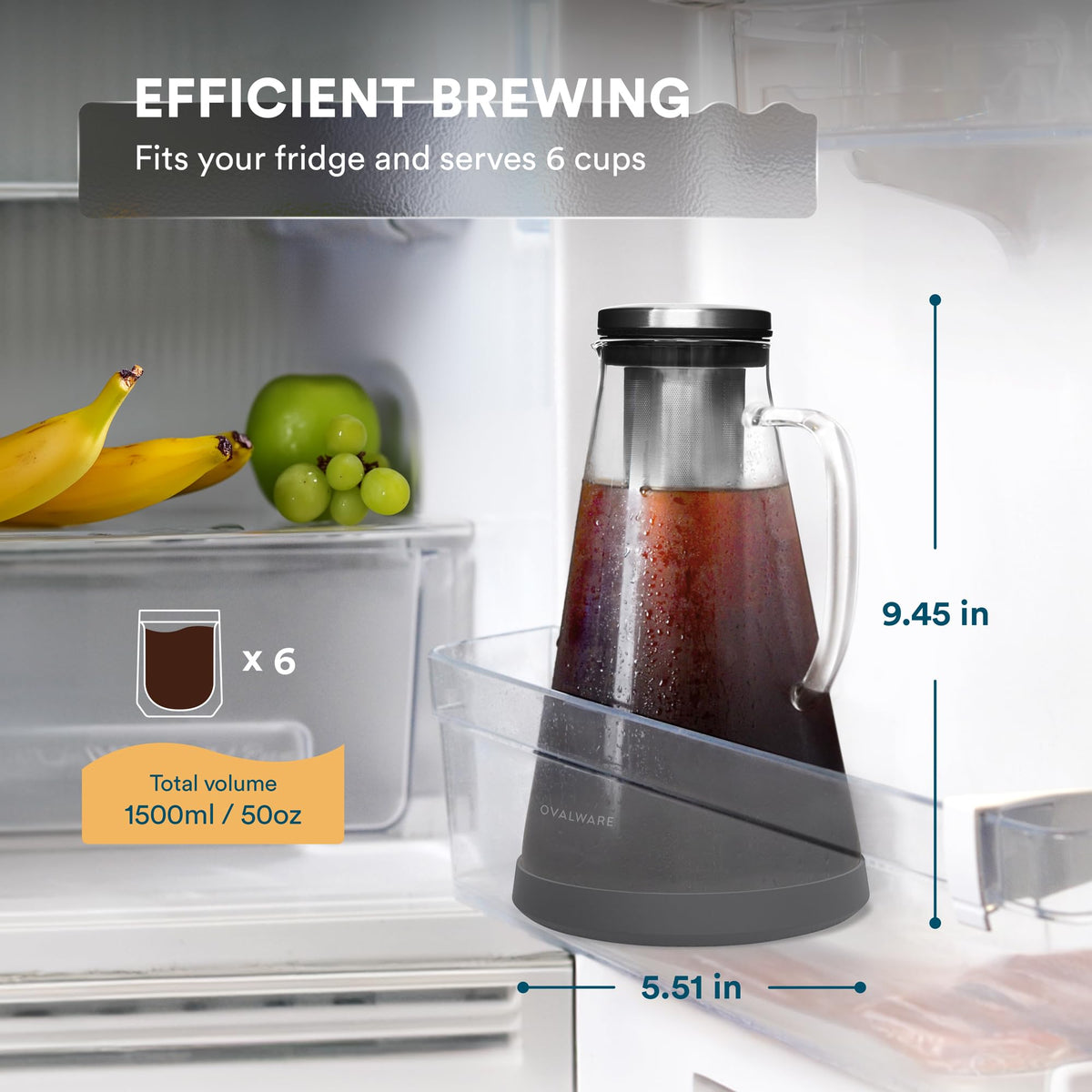 OVALWARE Airtight Cold Brew Iced Coffee Maker Pitcher (& Iced Tea Maker) with Spout – 1.5L/ 51oz