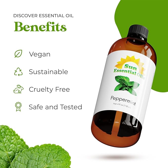 Sun Essential Oils - Peppermint Essential Oil (4 oz) with Dropper for Diffuser, Humidifier, Skin &