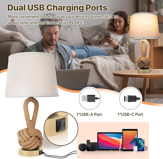 22" Rope Lamps for Night Stands, Bedside Lamps Set of 2, 3-Color Temperatures Boho Lamp with Rotary