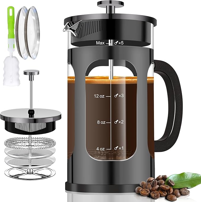 French Press Coffee Maker (21oz 600ML 3-4Cup) Coffee Press, with 4 Filters System, Heat Resistant