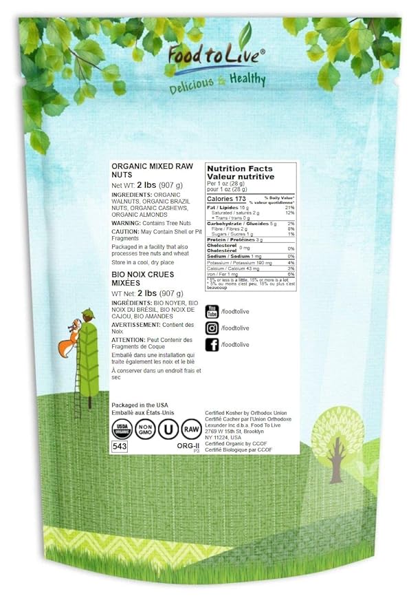 Food to Live Organic Mixed Raw Nuts, 2 Pounds ??Cashews, Brazil Nuts, Walnuts, Almonds, Non-GMO