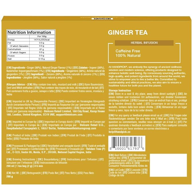 HANDPICK, Ginger Tea Bags, Caffeine Free & 100% Pure Ginger Root | Soothing & Spicy Blend | Round