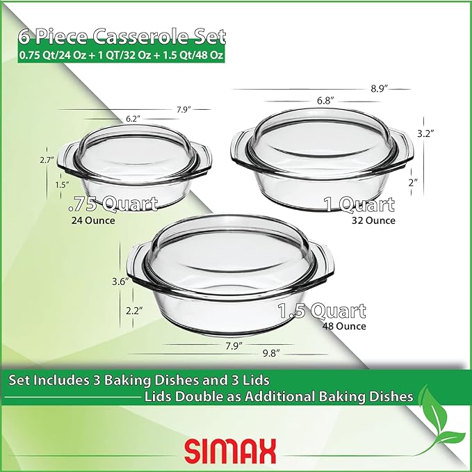 Simax Casserole Dish Set, Set of 3 Casserole Dish with Lid, Round Glass Cookware, Borosilicate