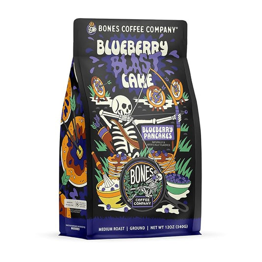 Bones Coffee Company Blueberry Blast Cake, Blueberry Pancakes Flavored Coffee, Medium Roast Low