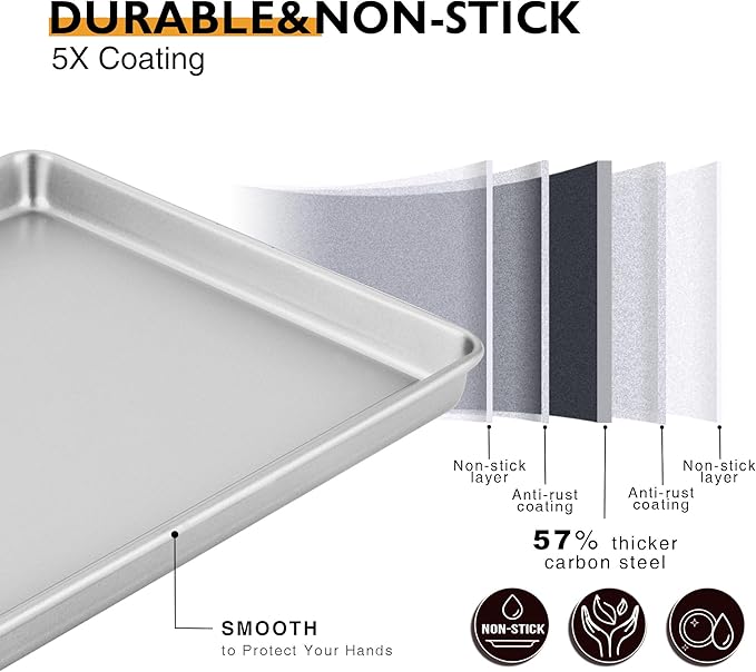 HONGBAKE Half Baking Sheet Pan Set of 2, Nonstick Cookie Sheet for Oven, Heavy Duty 1/2 Commercial