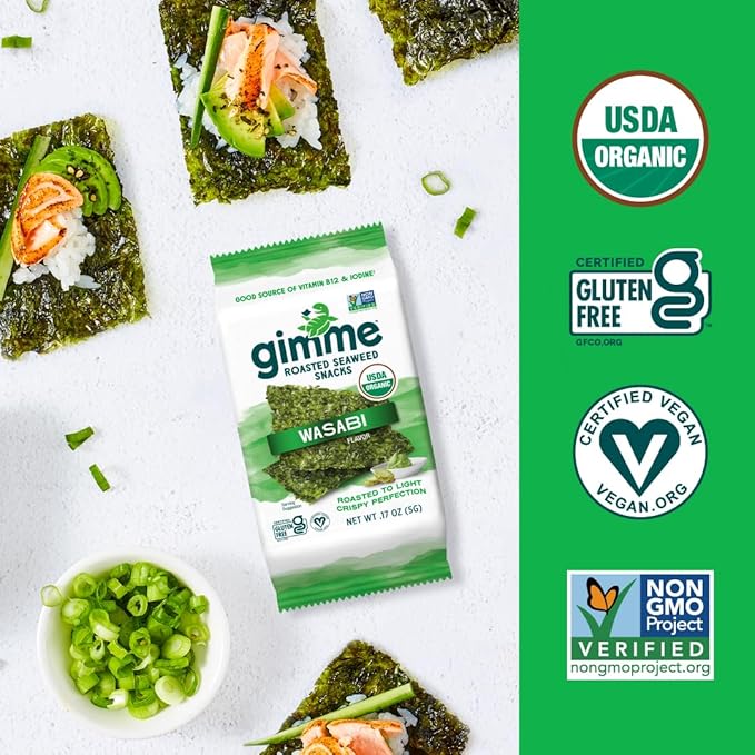 Gimme Seaweed Organic Premium Roasted Seaweed Snacks, Wasabi, 20 Count, Keto, Vegan, Gluten-Free