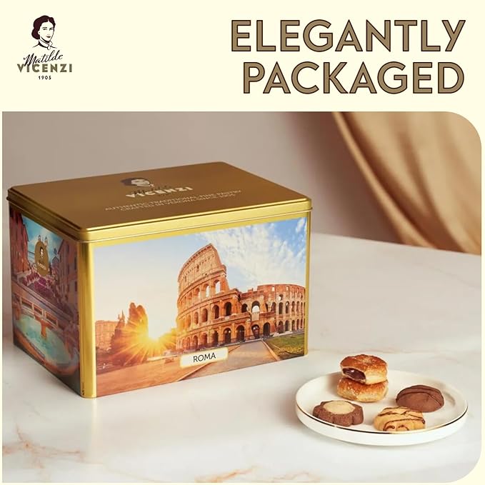 Matilde Vicenzi Roma Cookie Gift Tin - Italian Pastries & Cookies in Individually Wrapped Trays